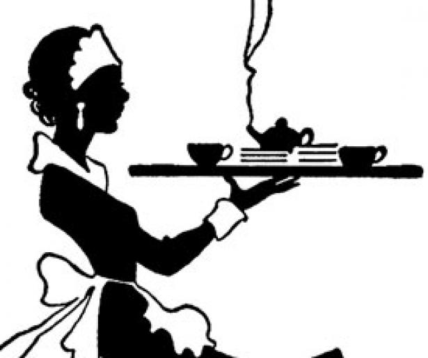 black and white drawing of a waitress with a tray
